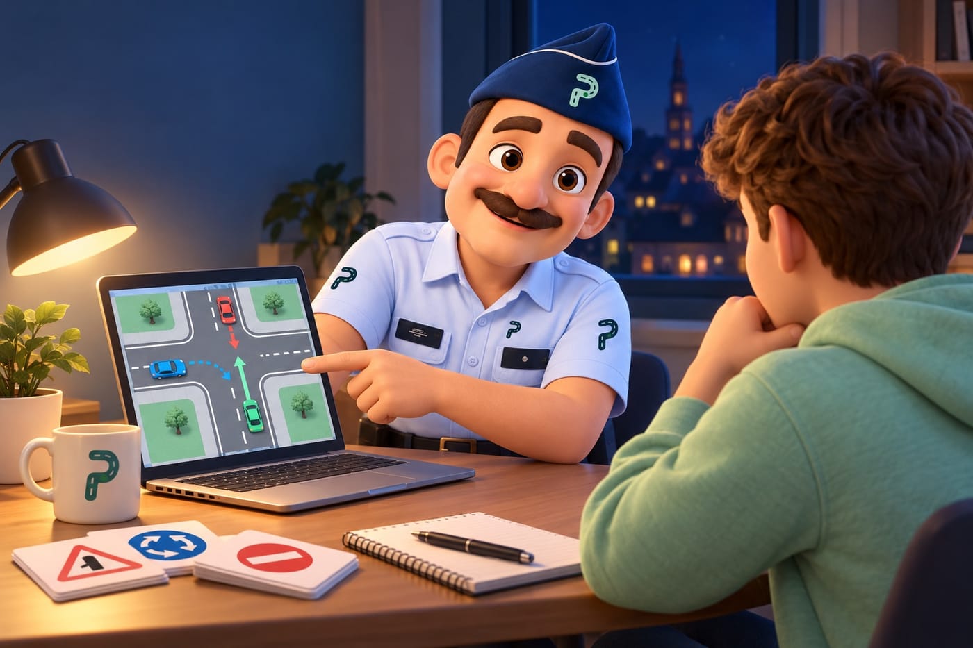 Luc zit ’s avonds naast een leerling en legt een vraag uit op de computer.