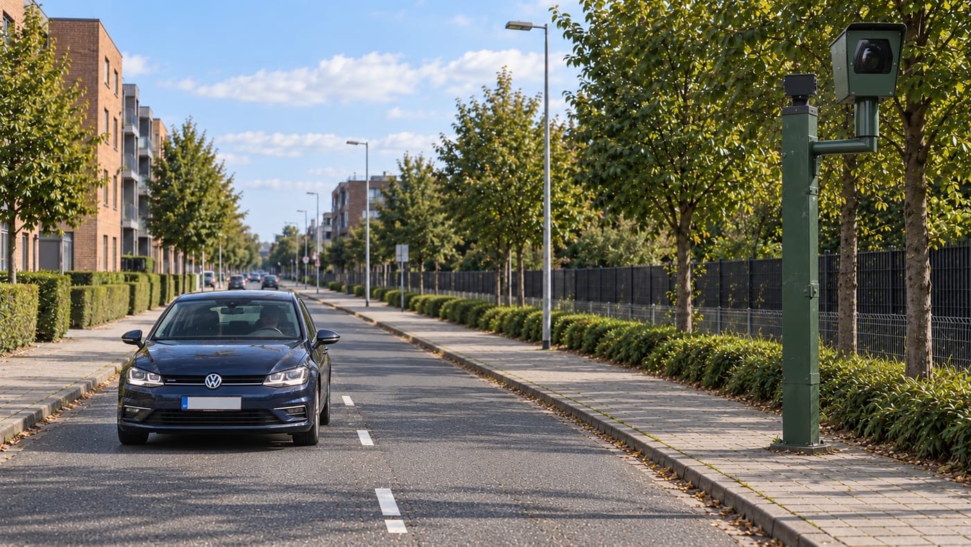 Vaste snelheidscamera langs een straat, met een naderende auto.