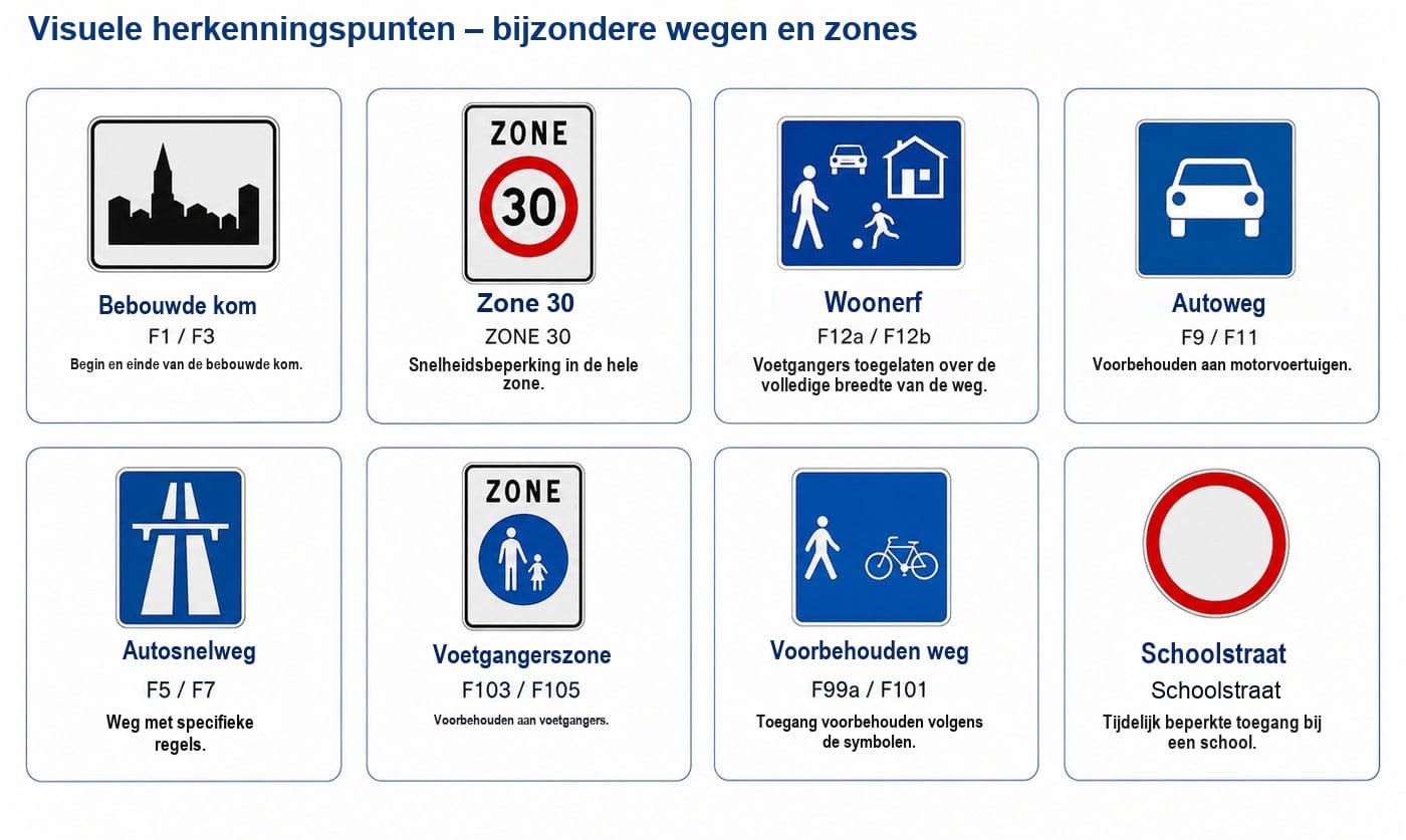 De verschillende wegen en bijzondere zones