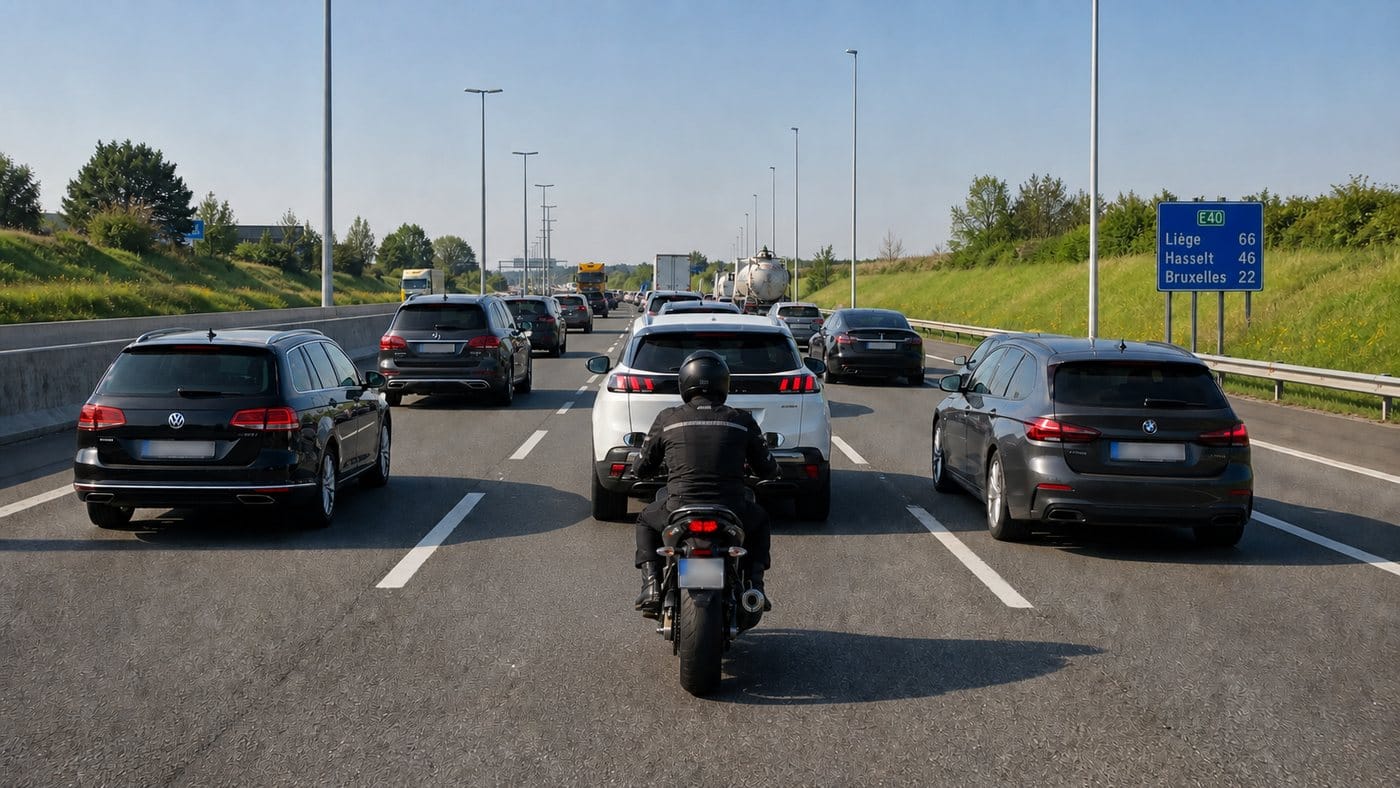 Motorrijder tussen de files